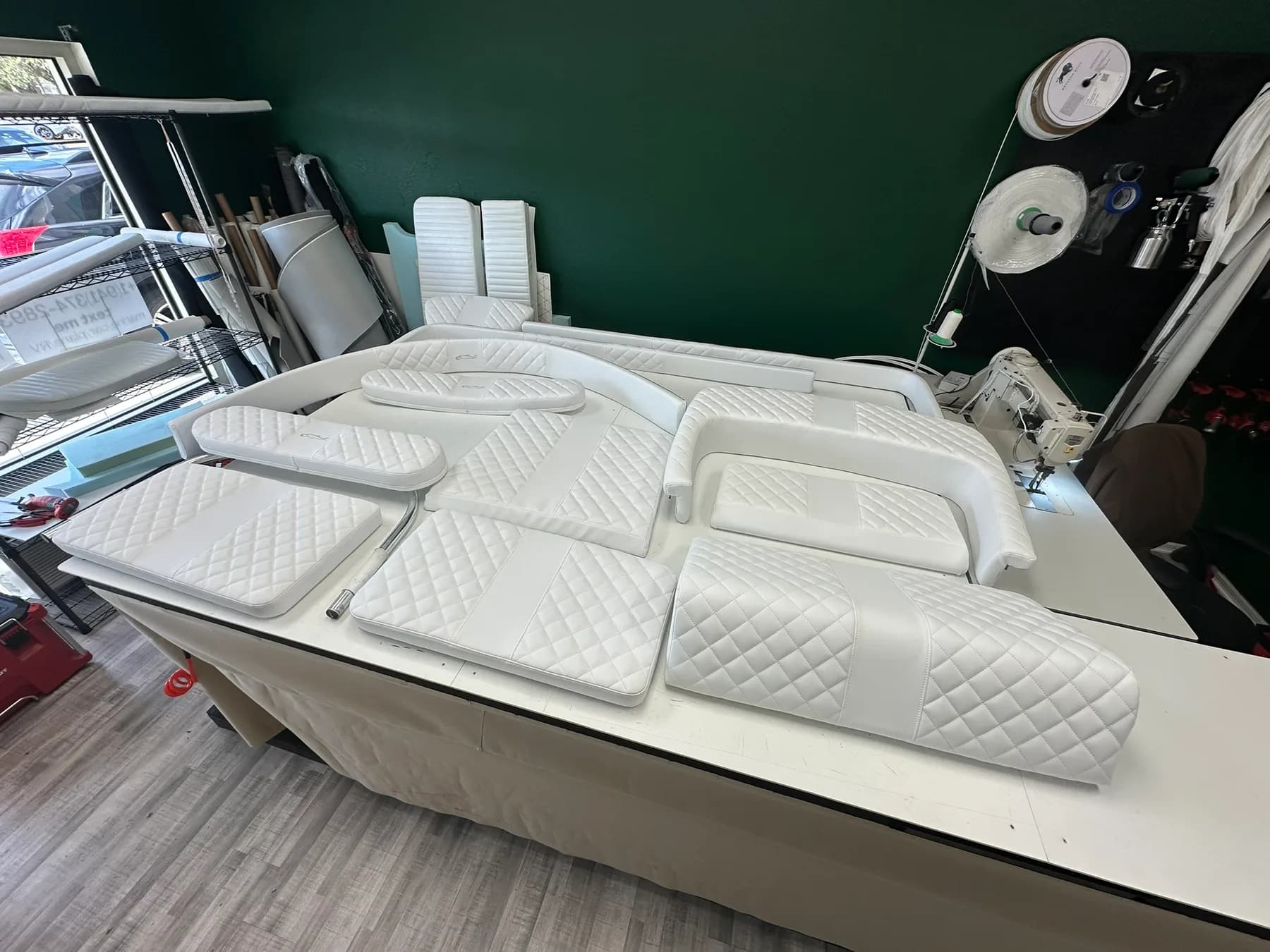 Custom white diamond-stitched boat cushions handmade at GVO Classic Upholstery in North Port, FL